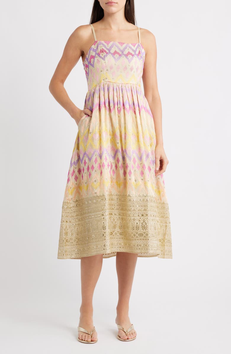 holiCHIC Emma Embroidered Fit & Flare Midi Dress, Main, color, Pink/ Yellow