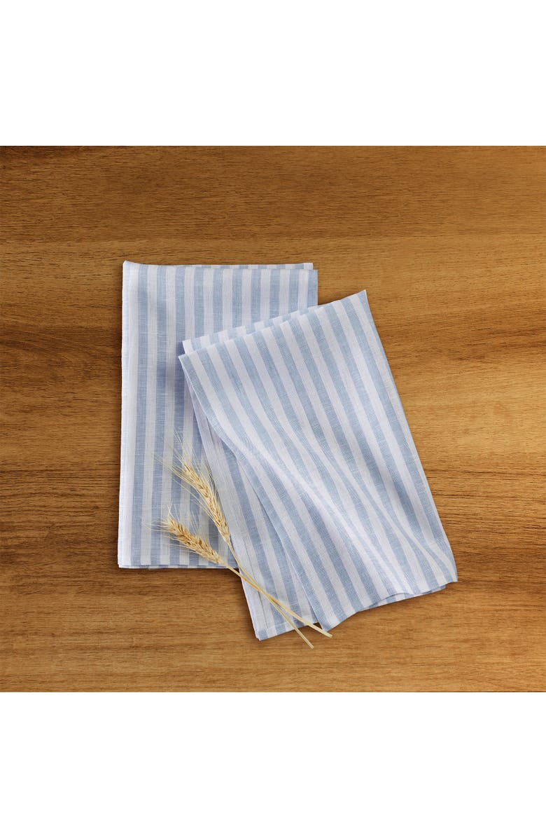 Solino Home Linen Kitchen Towels Set of 2, 17 x 26 Inch for Dining Table, Holiday and Everyday Table Decor - Amalfi Stripe, Alternate, color, Sky Blue And White