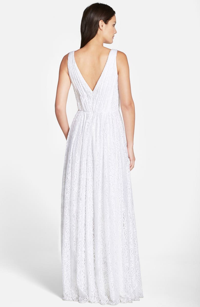 Vera Wang Pleated Lace V-Neck Gown, Alternate, color, 