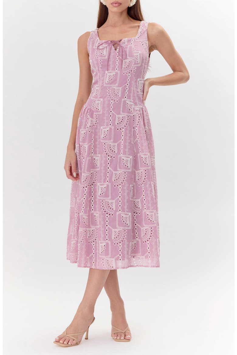 Embroidered Tie Front Midi Dress, Alternate, color, MAUVE PINK/ CREAM