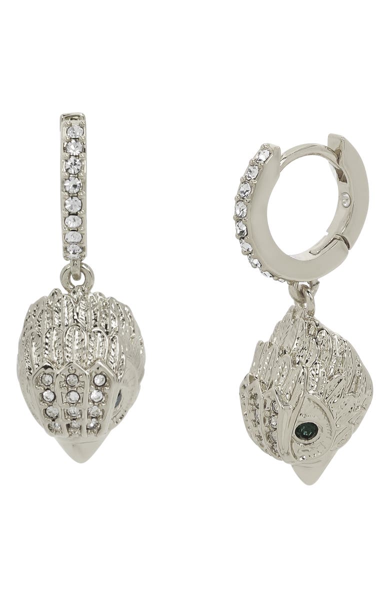 Kurt Geiger London Pavé Crystal Eagle Head Drop Huggie Hoop Earrings, Main, color, Rhodium