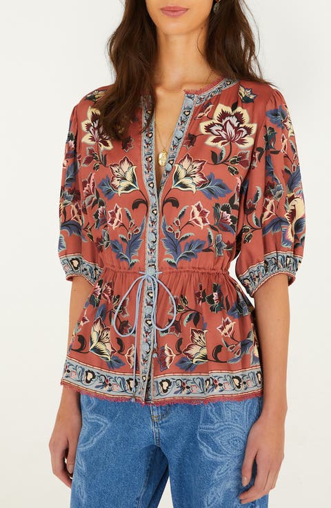 Floral Tapestry Lace Trim Button-Up Shirt