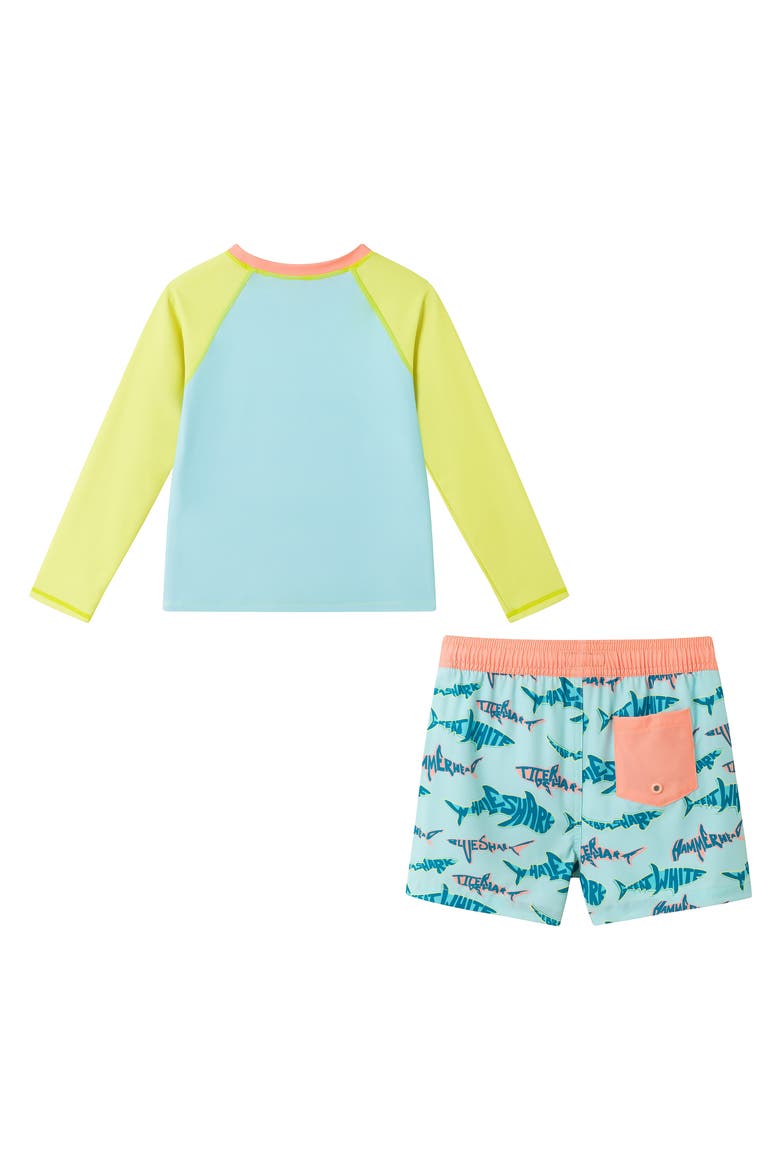 Kids' Sailboat Long Sleeve Two-Piece Rashguard Swimsuit, Alternate, color, AQUA SHARK