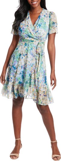 London Times Floral Short Sleeve Ruffle Faux Wrap Dress | Nordstromrack
