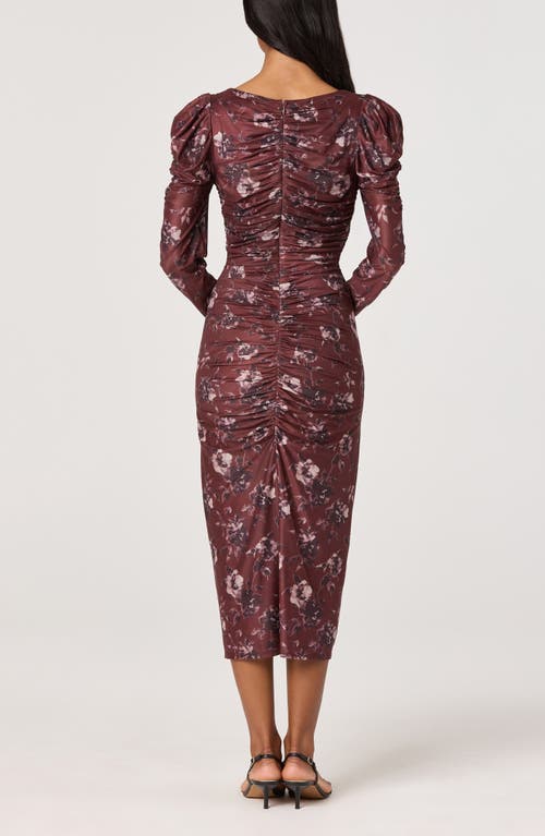 Astr The Label Long Sleeve Ruched Mesh Midi Dress In Brown