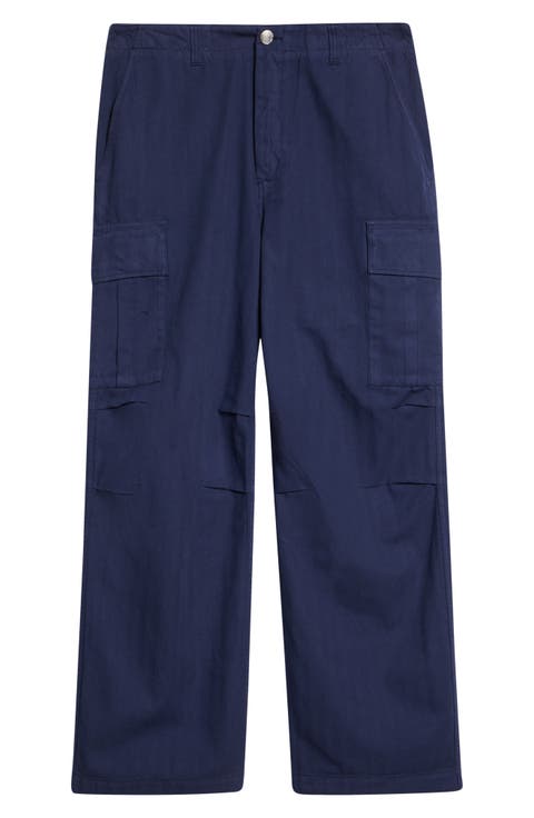Cotton Herringbone Wide Leg Cargo Pants