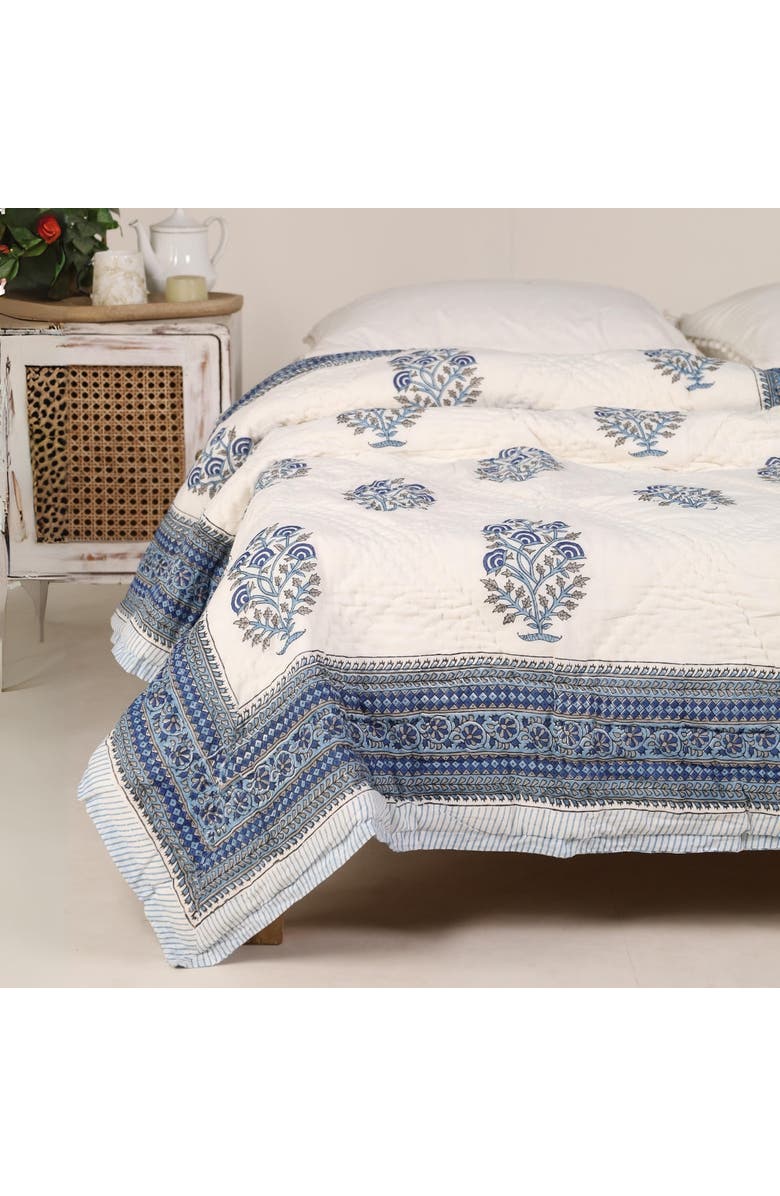 Mela Artisans Blockprinted Reversible Quilt, Alternate, color, Blue Mist