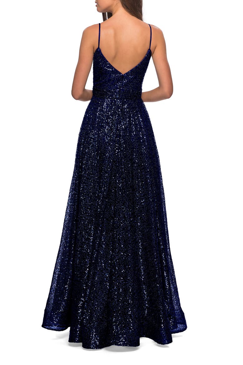 Sequin Empire Waist Prom Dress with V Back, Alternate, color, Navy