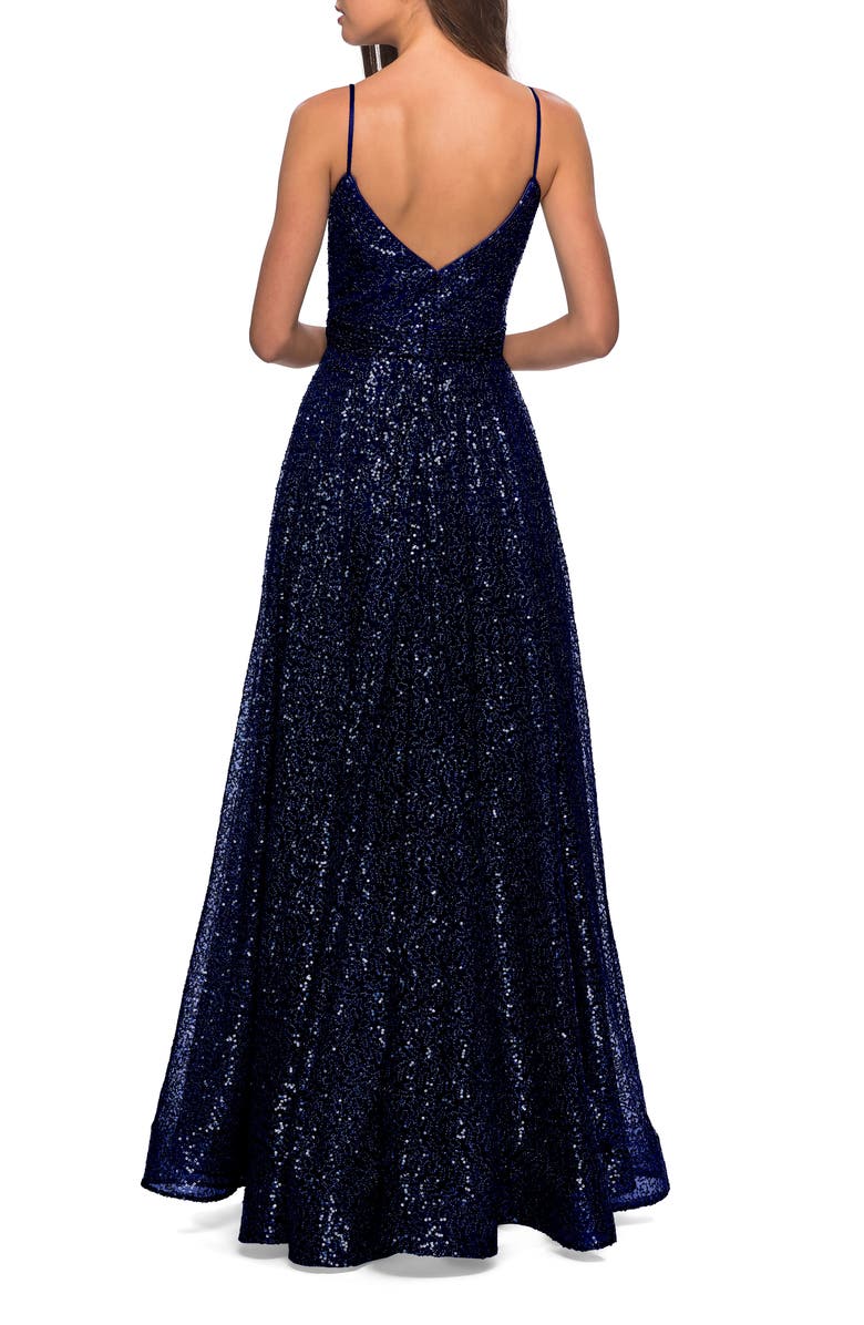 La Femme Sequin Empire Waist Prom Dress with V Back, Alternate, color, Navy