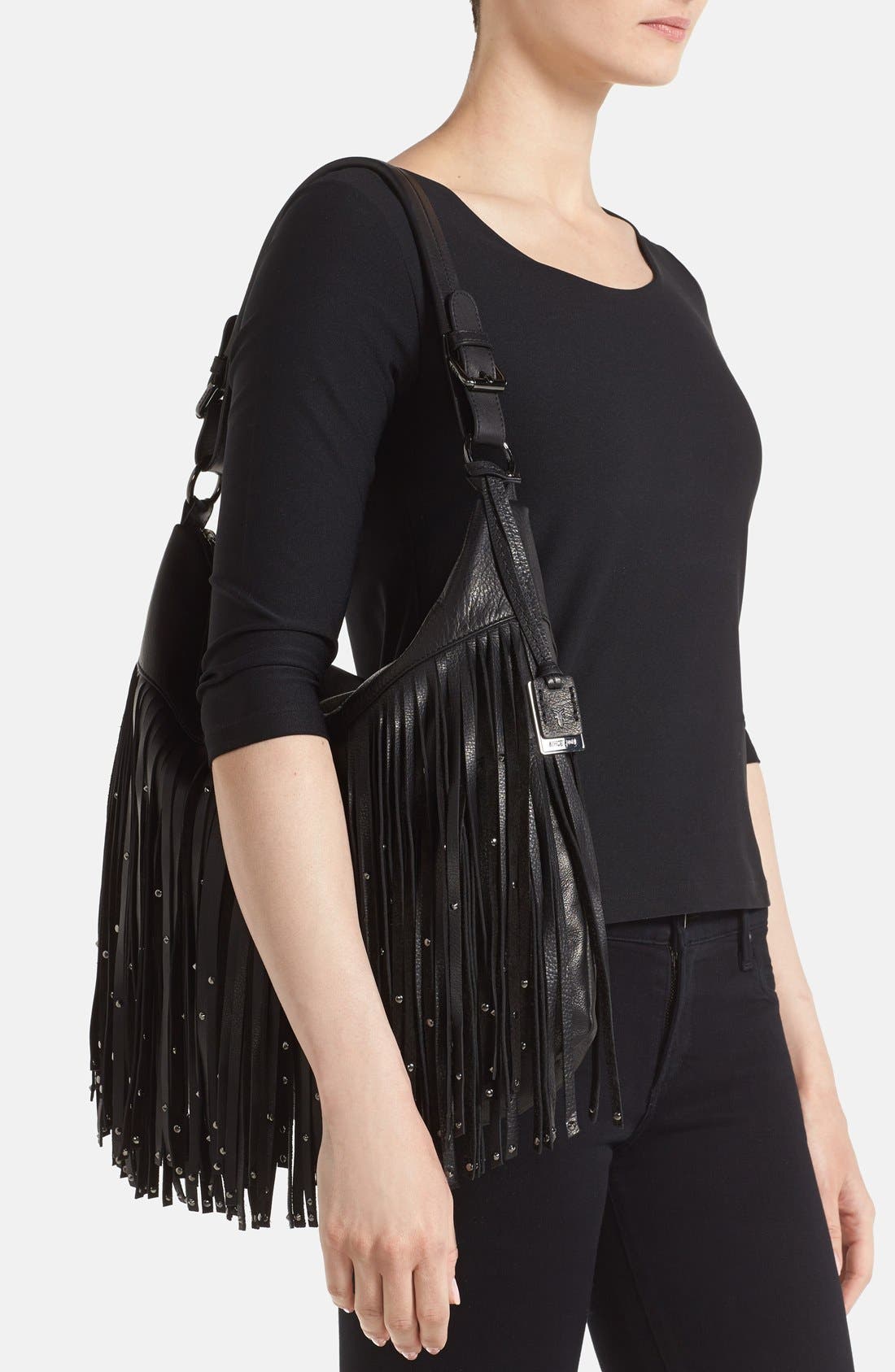 'Heidi' Studded Fringe Hobo, Alternate, color, BLACK STUD
