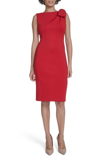 Calvin Klein Side Bow Sleeveless Scuba Knit Sheath Dress In Red