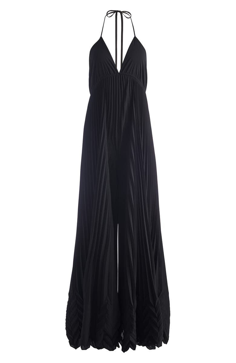 Alice + Olivia Adalyn Halter Pleated Jumpsuit, Alternate, color, Black