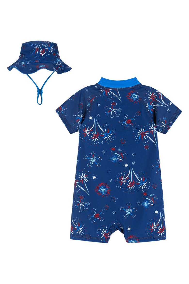 Surfboard Print One-Piece Rashguard Swimsuit & Sun Hat Set, Alternate, color, NAVY FIREWORK