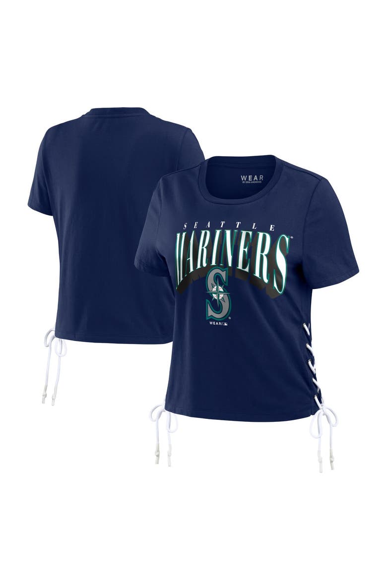Women's WEAR by Erin Andrews Navy Seattle Mariners Side Lace-Up Cropped T-Shirt, Main, color, Navy