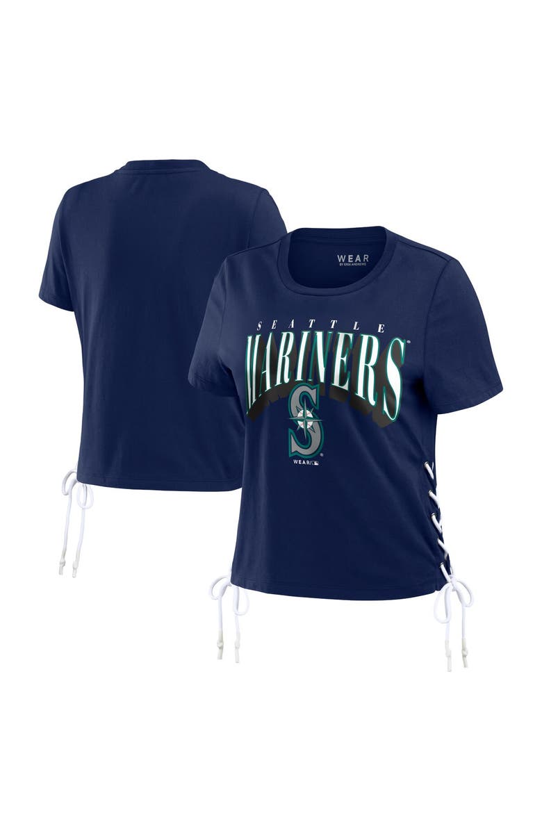 WEAR by Erin Andrews Women's WEAR by Erin Andrews Navy Seattle Mariners Side Lace-Up Cropped T-Shirt, Main, color,