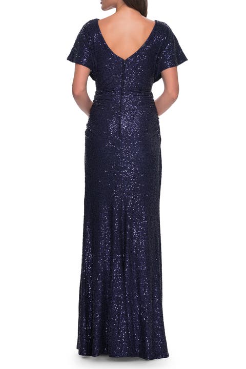Sequin Stretch Evening Dress with High Neckline and Dolman Sleeves