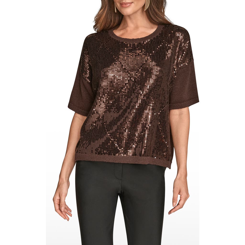 Donna Karan New York Short Sleeve Sequin Sweater In Animal Print