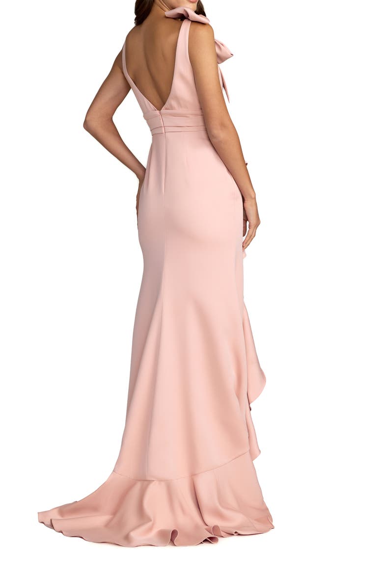 Crepe Sleeveless Ruffled V-Neck Gown With Bow, Alternate, color, Blush