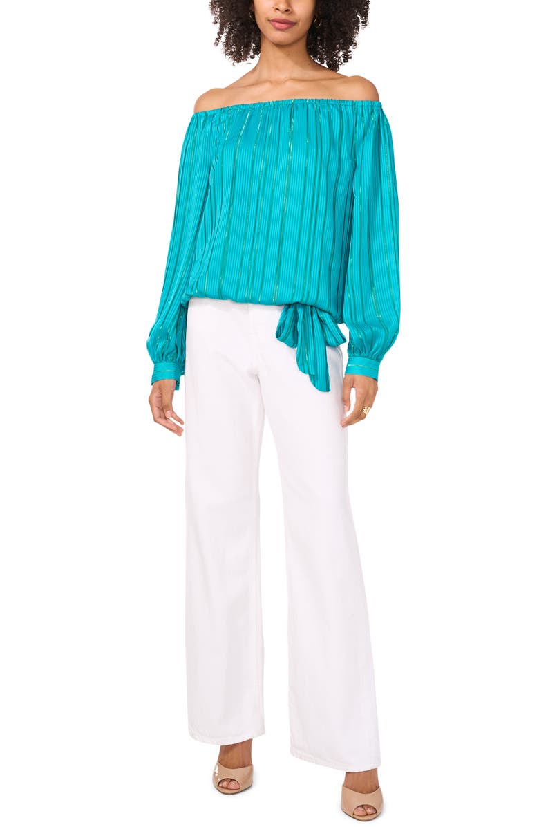 Vince Camuto Stripe Off the Shoulder Tie Hem Top, Alternate, color, Cool Lapis