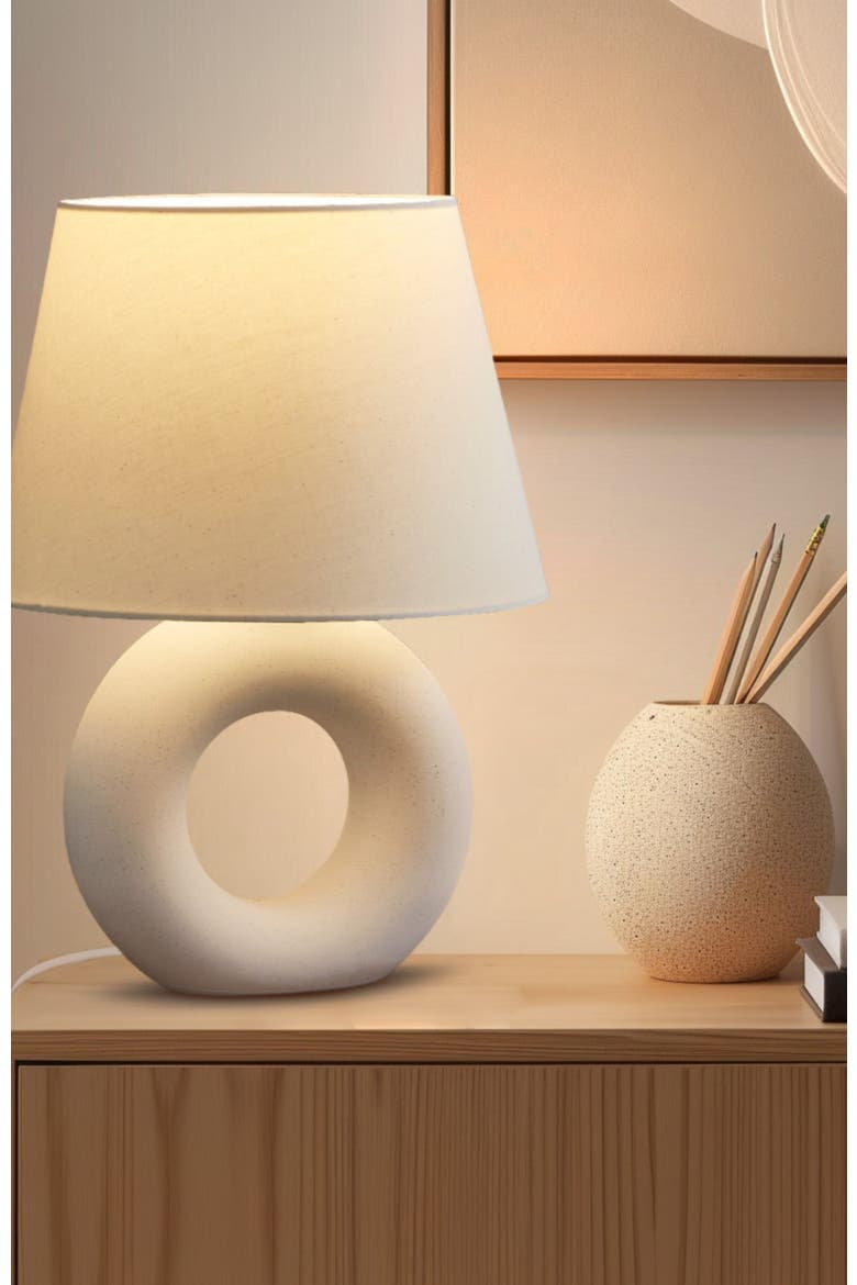 Chloe 15.5" LED Table Lamp with Off-White Ceramic Base and Cotton Shade, Alternate, color, Beige/Cream