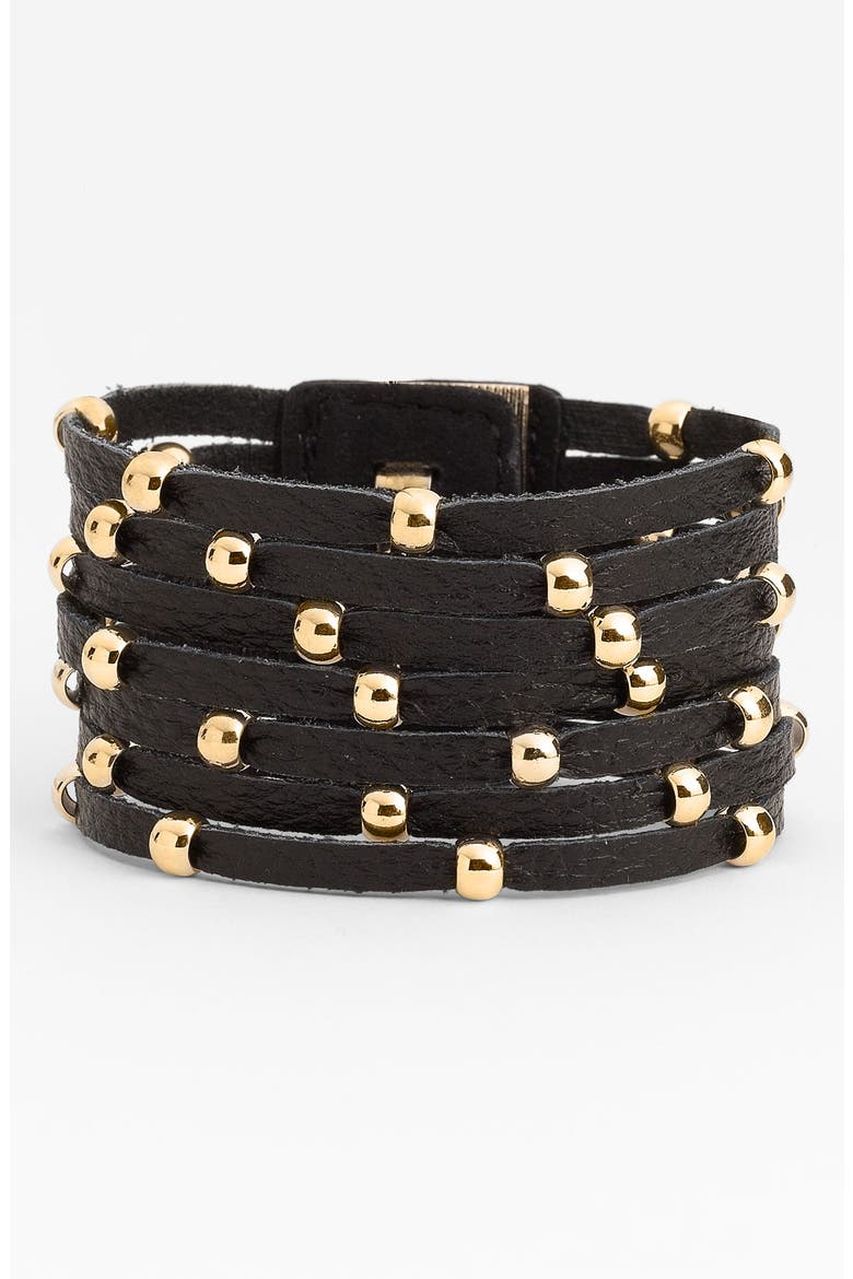 Accessories Sliced Leather Studded Bracelet, Main, color, BLACK/ GOLD
