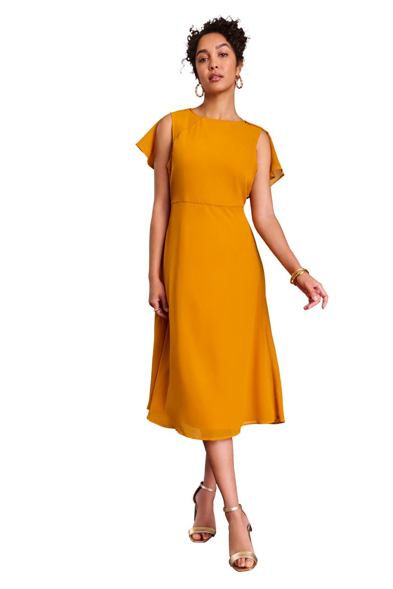 Georgette Fit And Flare Caplet Dress, Main, color, RICH GOLD