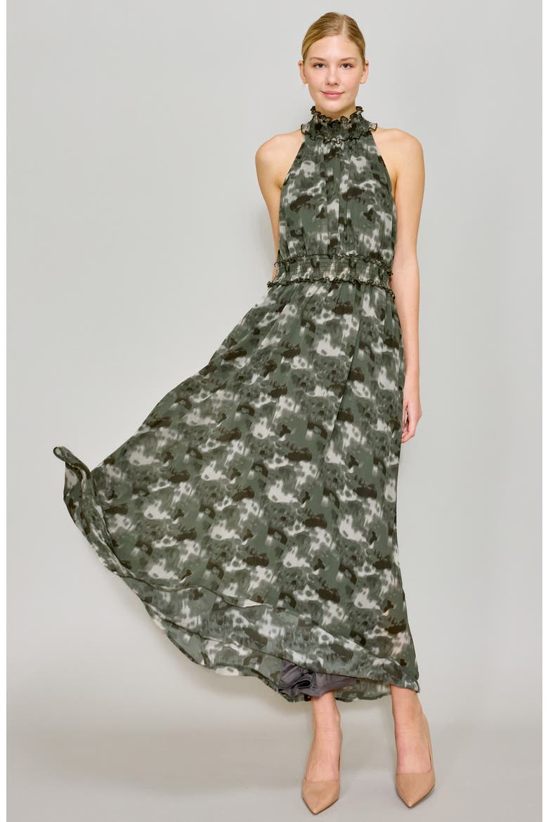 Printed Mock Neck Chiffon Maxi Dress, Alternate, color, KHAKI CHARCOAL MULTI