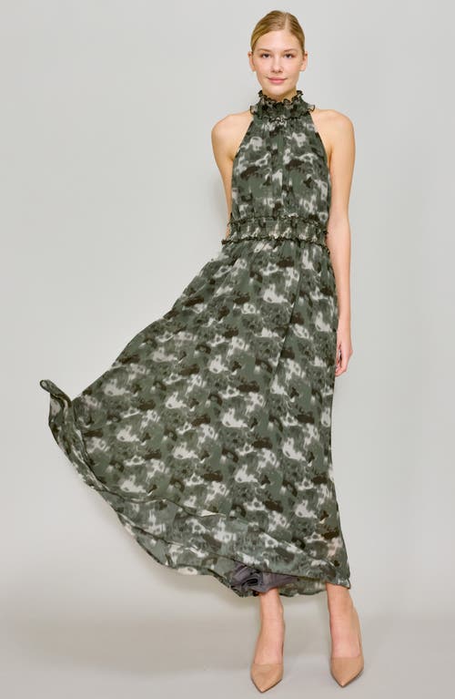 Melloday Printed Mock Neck Chiffon Maxi Dress In Khaki Charcoal Multi
