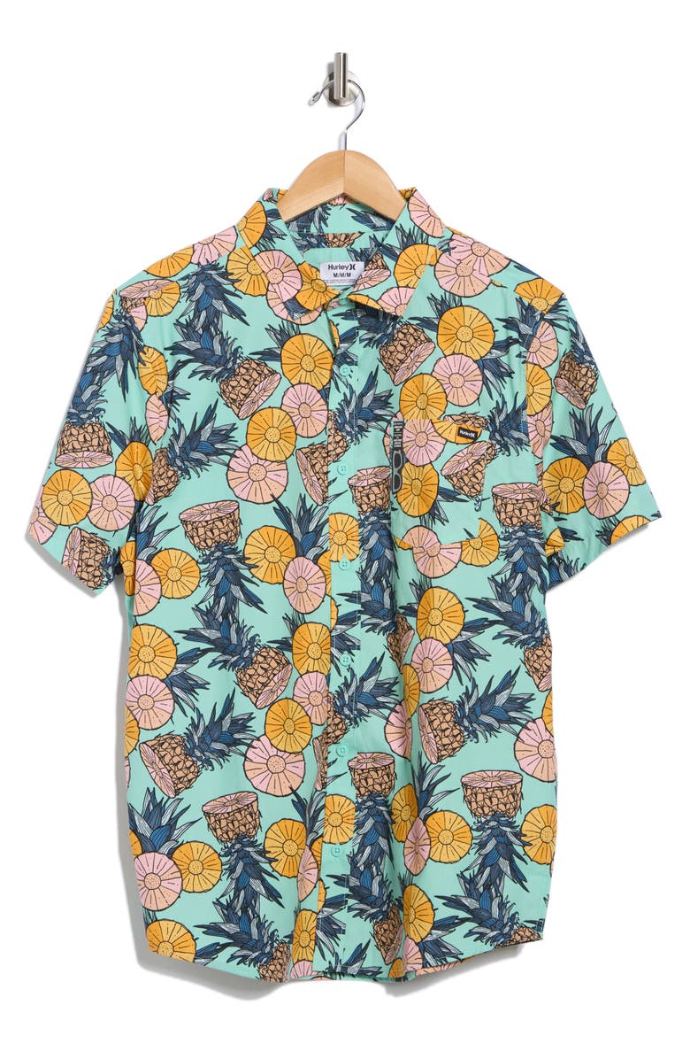 Hurley Bahia Short Sleeve Cotton Button-Up Shirt, Alternate, color, Tropical Mist