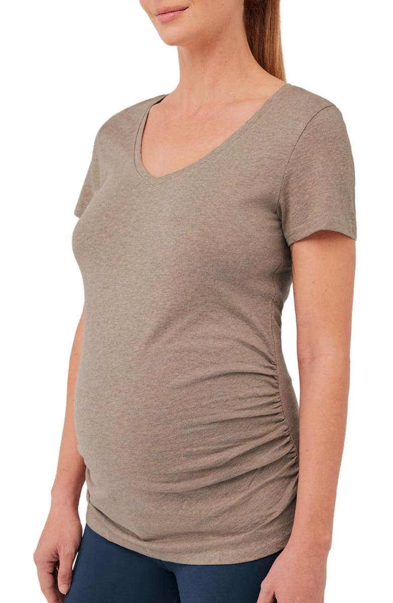 Pact Organic Maternity Ruched V-Neck Tee, Alternate, color, Stucco Heather