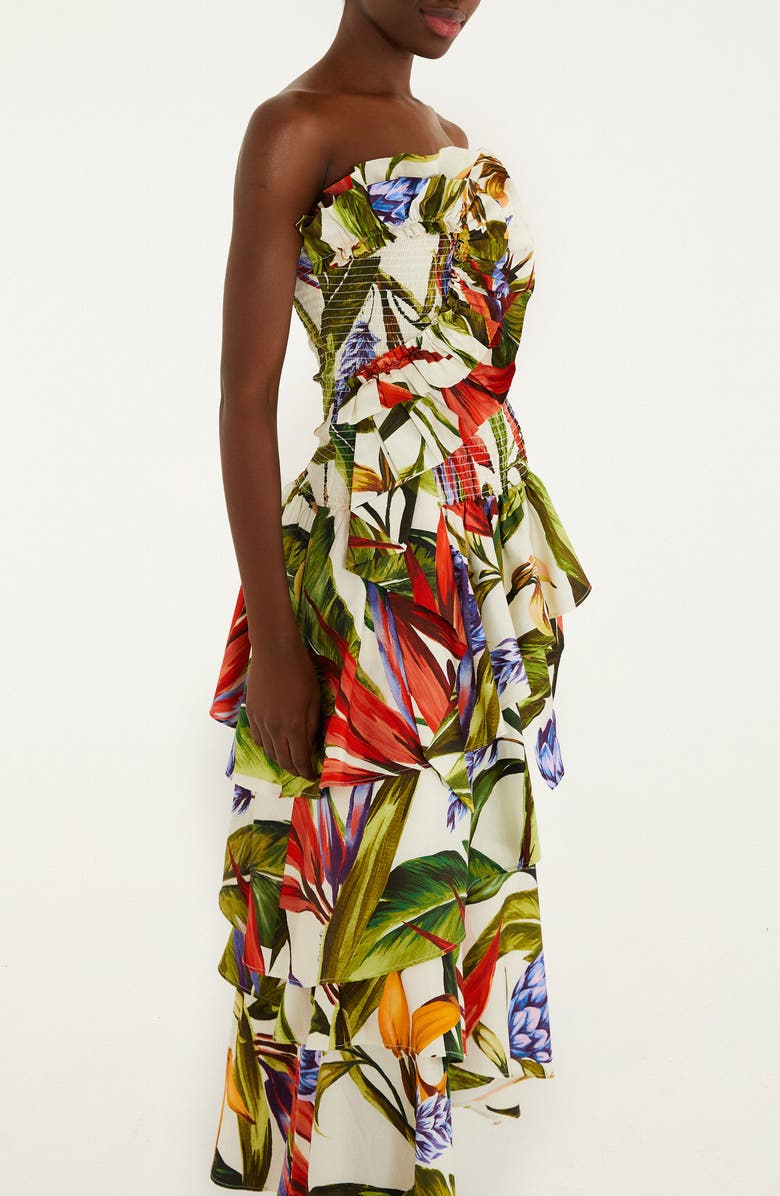 FARM Rio Florart Strapless High Low Cotton Dress, Alternate, color, Sand