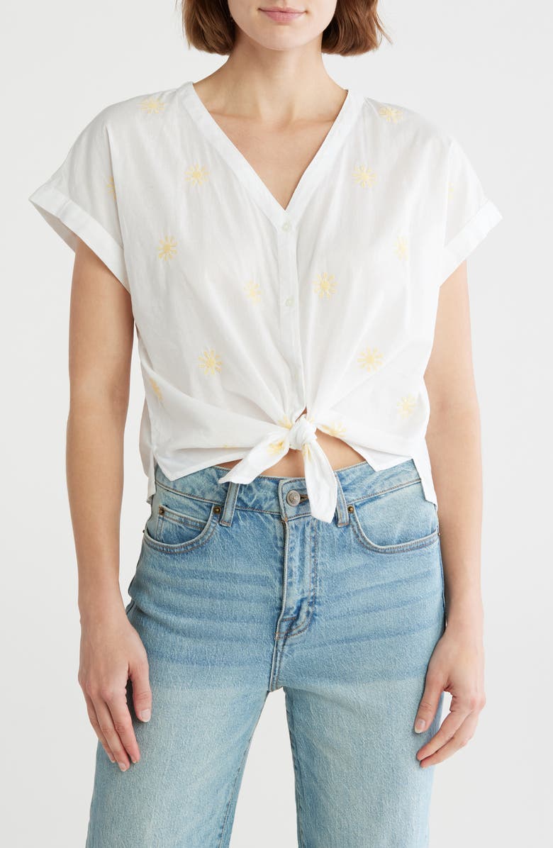 Lucky Brand Sun Print Short Sleeve Button-Up Shirt, Main, color, White Multi