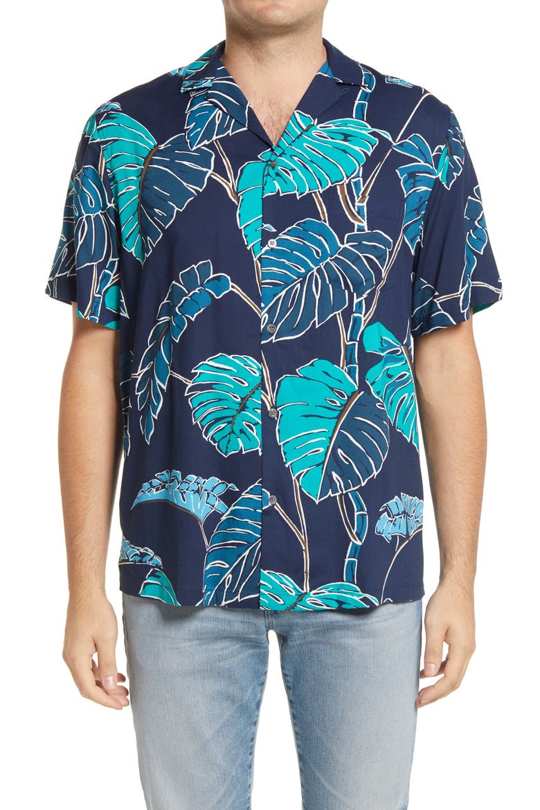 Kainapa Tropical Short Sleeve Button-Up Camp Shirt, Main, color, DRESS BLUES