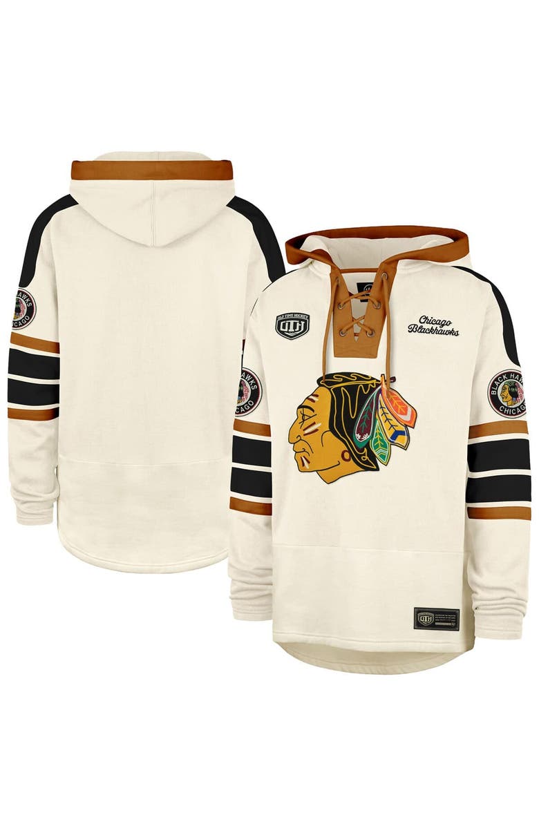 '47 Men's '47  Cream Chicago Blackhawks Blue Line Heritage Lacer Pullover Hoodie, Main, color, 