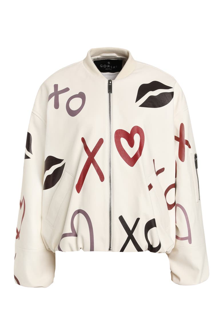 Genuine Nappa Leather Bomber Zip Jacket, Alternate, color, WHITE/XO MULTI