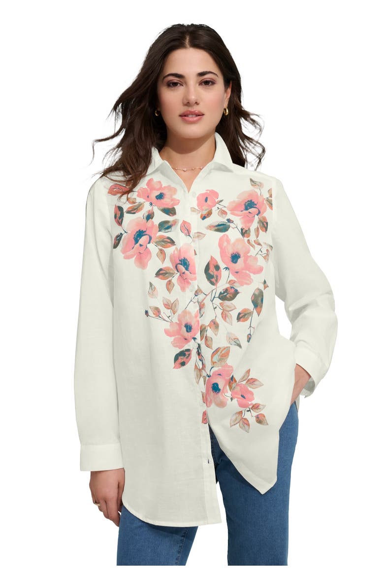 Plus Size Kate Cambric Cotton Printed Long Sleeve Shirt, Main, color, IVORY GARDEN BLOOM