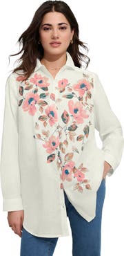Roaman's Plus Size Kate Cambric Cotton Printed Long Sleeve Shirt