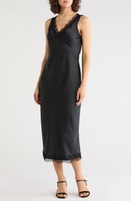 NORDSTROM RACK Lace Trim Satin Midi Dress