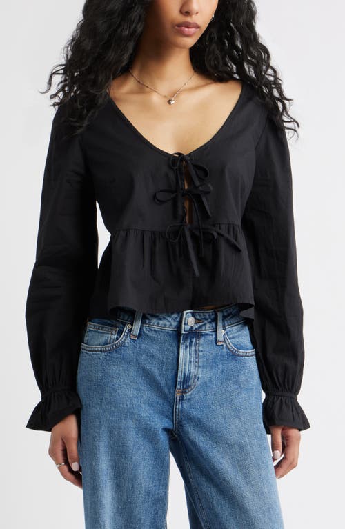Bp. Tie Front Scoop Neck Cotton Poplin Peplum Top In Black