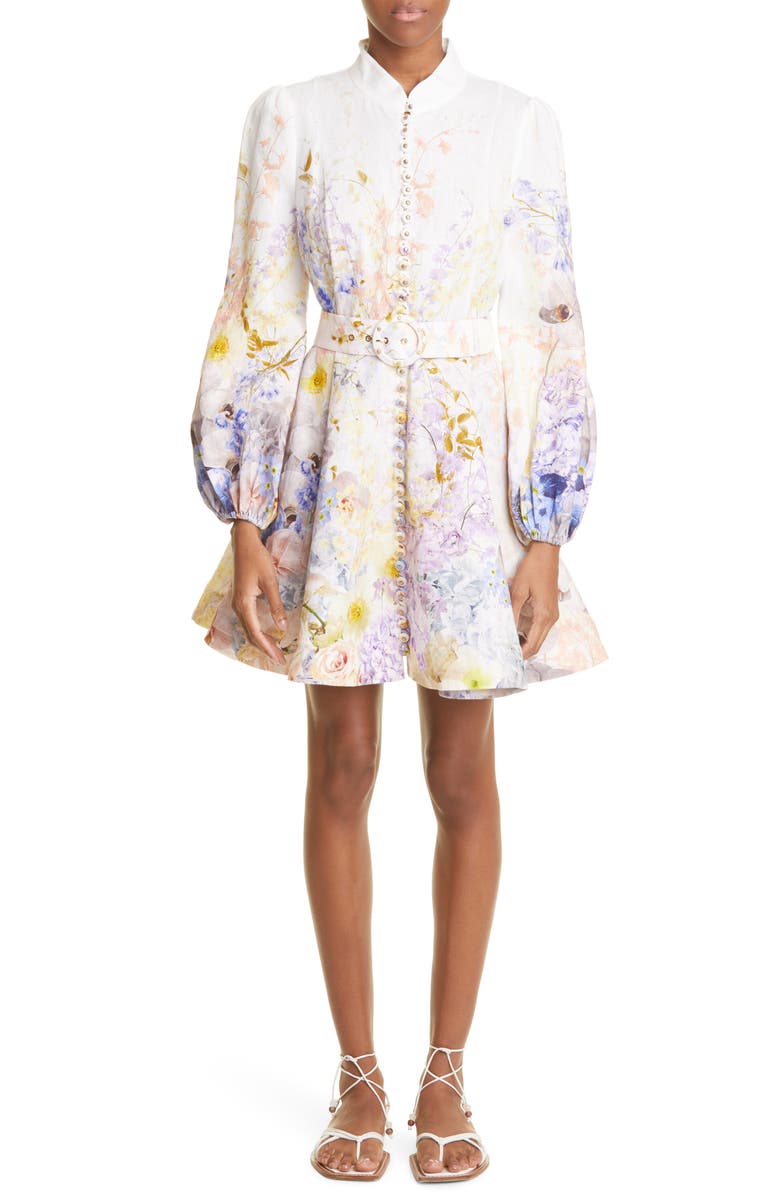 Zimmermann Rhythmic Floral Long Sleeve Linen Minidress, Main, color, 