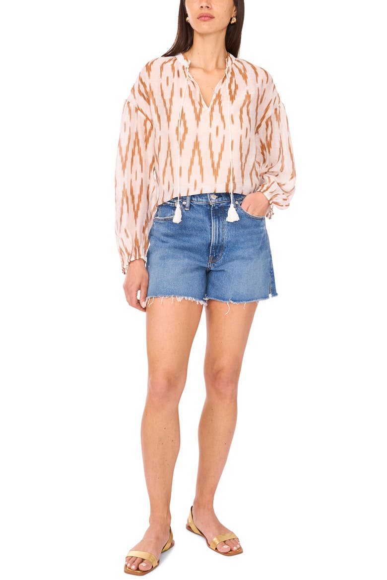 Ikat Print Split Neck Peasant Top, Alternate, color, ARGAN OIL