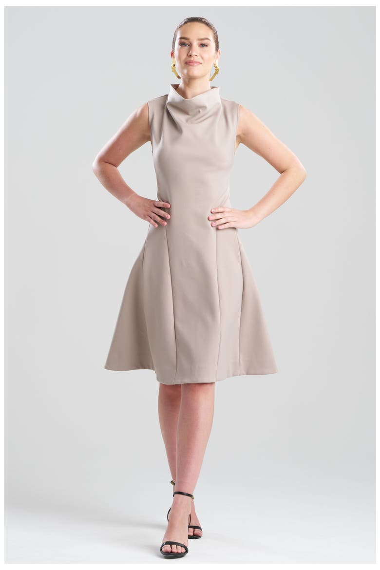 Techno Crepe Fit & Flare Funnel Neck Dress, Main, color, TAUPE