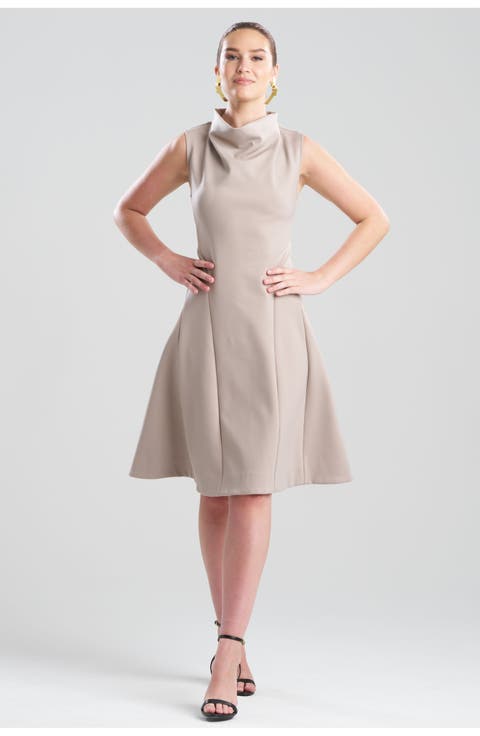 Techno Crepe Fit & Flare Funnel Neck Dress
