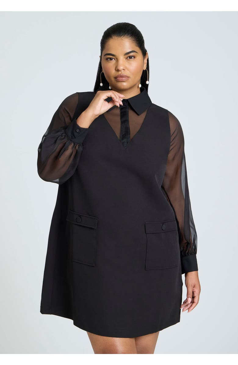 ELOQUII Sheer Sleeve Shirt Dress, Alternate, color, Black Onyx