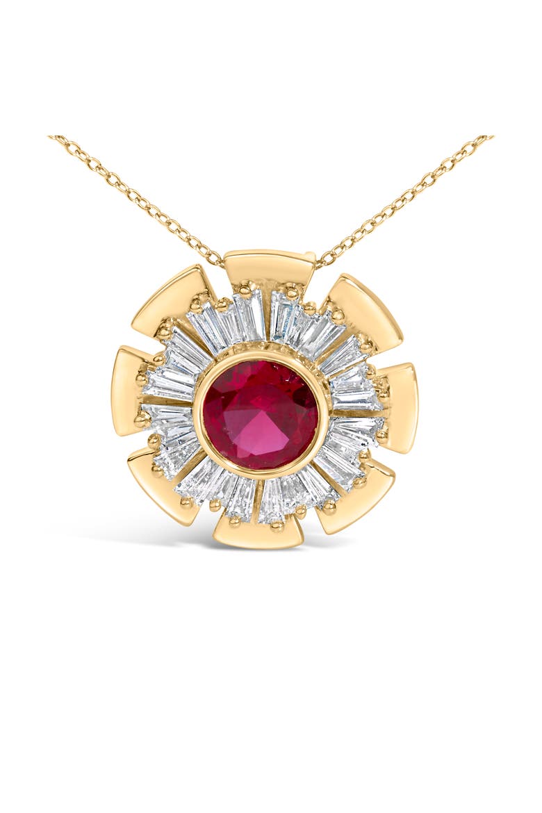 14K Yellow Gold Plated Silver Created Red Ruby and Diamond Baguette Medallion Pendant Necklace, Alternate, color, Yellow Gold over Silver