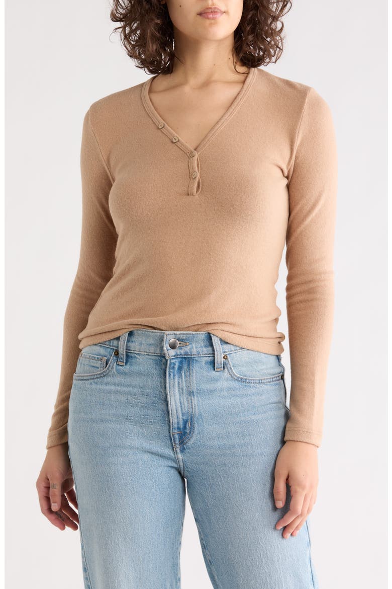 V-Neck Long Sleeve Crop Henley Top, Main, color, DARK KHAKI