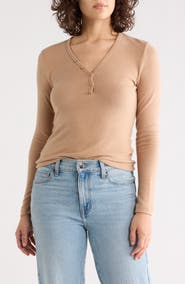 Renee C V-Neck Long Sleeve Crop Henley Top
