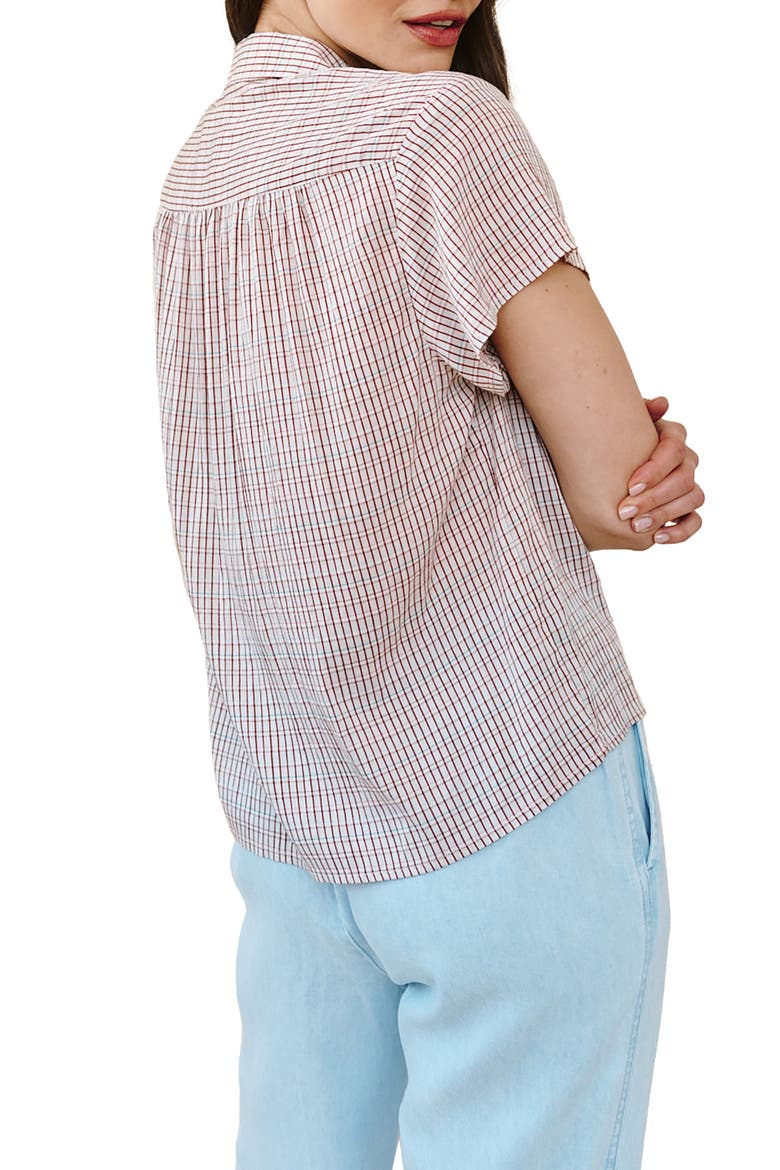 Check Shirred Short Sleeve Button-Up Shirt, Alternate, color, SUNWASHED CHECK