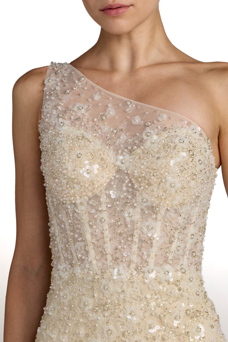 Sequin Floral Sheer One Shoulder A Line Gown, Alternate, color, Oyster Nude