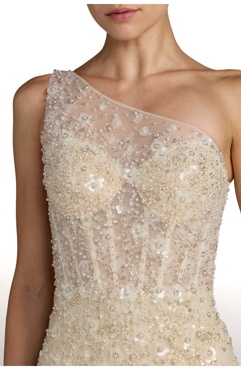 Mac Duggal Sequin Floral Sheer One Shoulder A Line Gown, Alternate, color, Oyster Nude